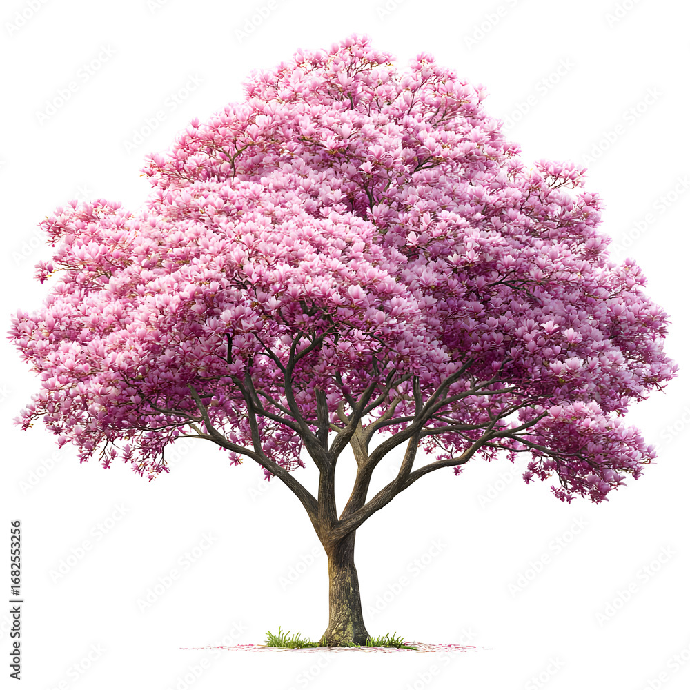 Fototapeta premium Spectacular Pink Trumpet Tree Blossoming with Delicate Flowers on Black Background