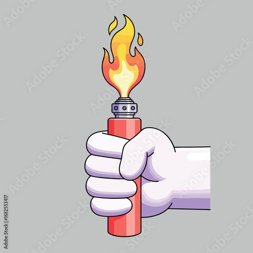 A cartoon gloved hand holding a lit red torch with a bright yellow and orange flame.