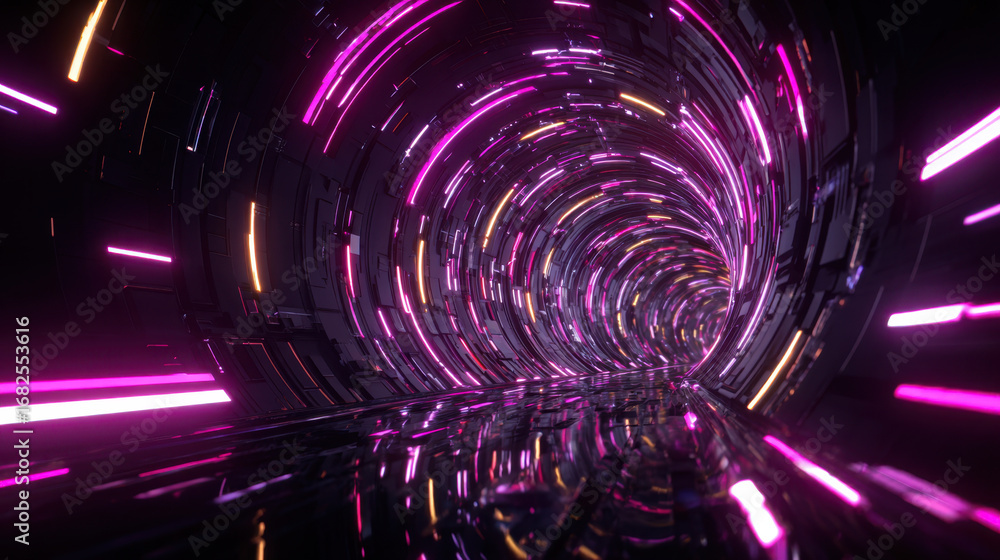 Naklejka premium Vibrant tunnel of light featuring swirling pink and purple neon streaks creates dynamic and futuristic atmosphere. reflective surface enhances visual depth and energy of scene