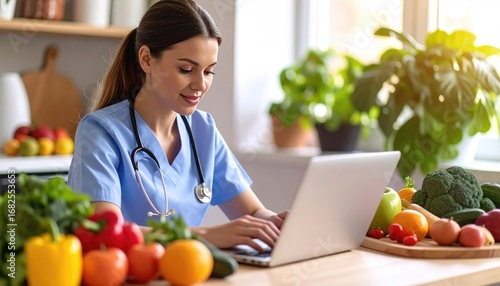 A smiling woman in scrubs types on a laptop surrounded by fresh produce in a bright kitchen, a stethoscope around her neck