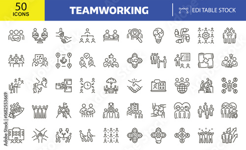 Teamwork Icons: A collection of clean and professional line art icons visually communicate the essence of collaboration, unity, and partnership in a business setting.