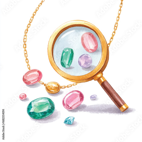 Watercolor Gems and Jewelry Magnified by a Golden Magnifying Glass