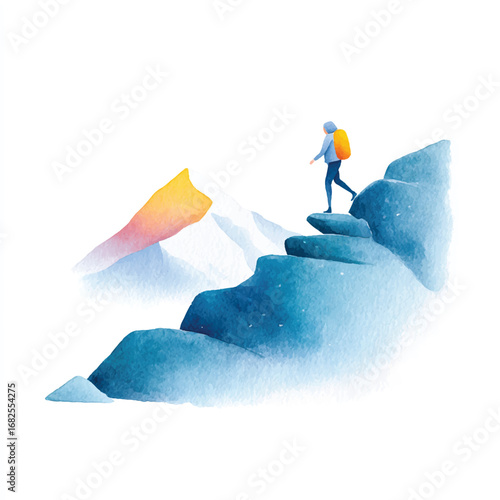 Watercolor Hiker Ascending Blue Mountain Steps with Golden Peak Backdrop