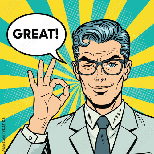 A confident pop art style man in glasses winking and making an okay hand gesture.
