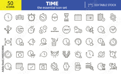 Essential Time Icons Set: An expansive collection of meticulously crafted line icons, embodying the essence of Time. Each icon, in a clean, minimalist design.