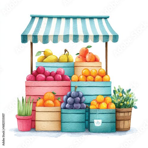 Watercolor Fruit Stand with Striped Awning and Colorful Wooden Crates