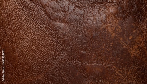 A close-up shows distressed, deep brown leather. Scratches and textures add depth. Aged and worn, highlighting natural grain variations and patterns