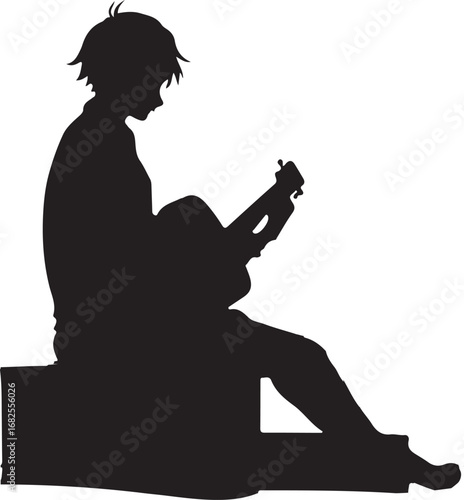 A black silhouette depicts a person with short hair sitting on a low surface, strumming a guitar, showcasing a peaceful and contemplative mood.