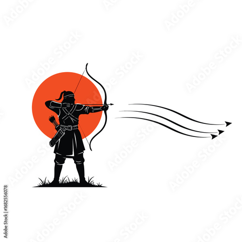 A skilled archer in full armor takes aim with a longbow silhouetted against a red sun.