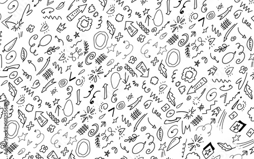 Set of cute pen line doodle element vector. Hand drawn doodle style collection of arrow, speech bubble, butterfly, flower, scribble, colorful. Design for decoration, sticker, idol poster, 