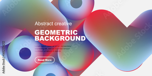 Vibrant abstract shapes overlap black background. Red, blue, purple hues create dynamic composition. Text promotes further exploration.