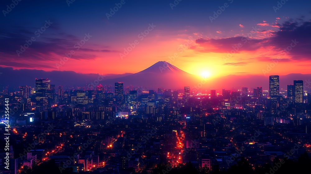 Obraz premium Wide-Angle Metropolis Sunrise/Sunset: Tall Buildings, City Lights & Vivid Sky (Purple/Pink/Red/Orange/Yellow)