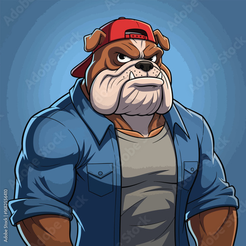 A tough muscular anthropomorphic bulldog character wearing a red baseball cap and blue shirt.