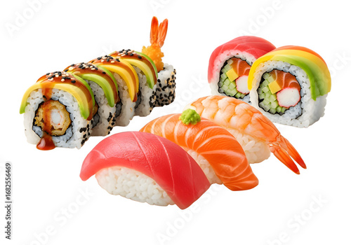 Delicious Sushi Set Featuring Tuna, Salmon, and California Rolls – Japanese Cuisine, Fresh Seafood, High-Resolution Food Collection, Transparent PNG Overlay