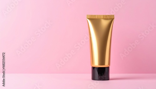 A shiny gold tube with a black cap stands upright against a light pink background with diffused lighting creating soft shadows
