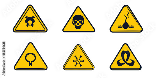 Yellow triangular hazard warning signs with skull, poison, chemical spill, biohazard, toxic symbols in flat minimalist vector style for danger and caution alerts