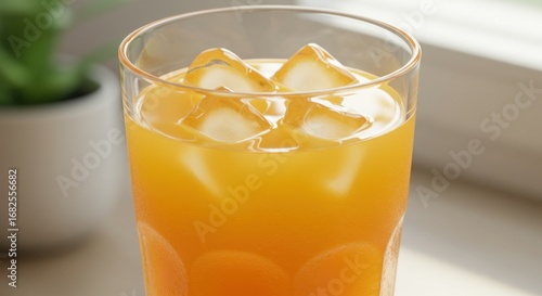 Tall glass of orange juice with ice cubes in front of a blurred green plant