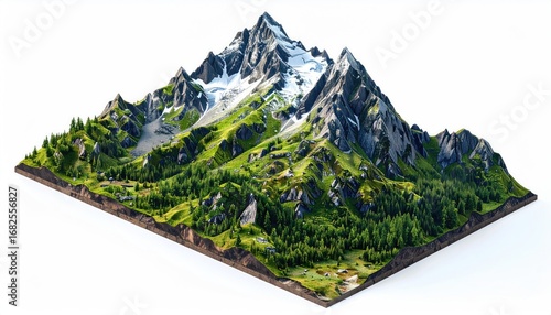 Isometric view of a mountain landscape with snow-capped peak, green meadows, and dense forests on a brown earth base against a clean, white backdrop