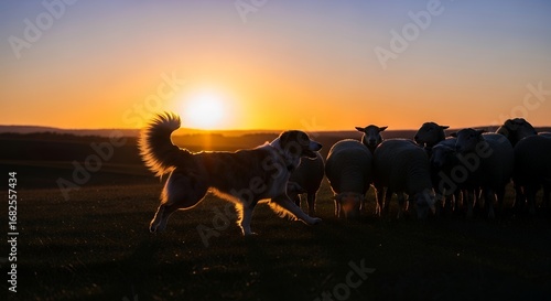 Wallpaper Mural Sheepdog Herding White Sheep on Green Pasture at Orange Sunset Torontodigital.ca