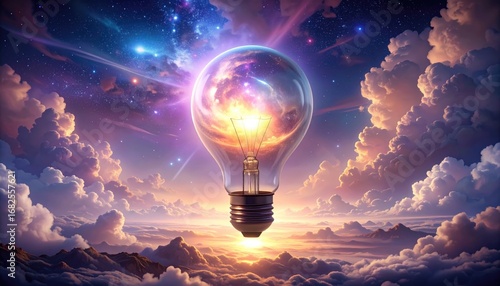A lightbulb filled with cosmic nebula hangs amidst fluffy clouds beneath a vibrant starlit sky, glowing with inner energy and ethereal beauty