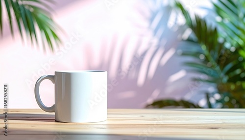 White mug sits on a light wooden surface, backed by a pink wall displaying palm leaf shadows, framed by greenery. Bright, tropical, and serene