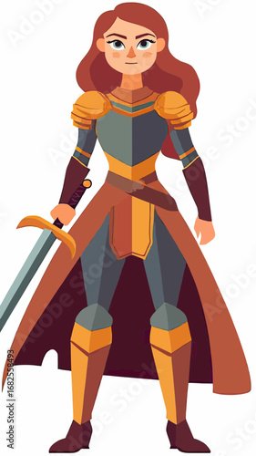 Confident female warrior in orange and gray battle armor holding sword standing with cape in flat vector illustration style