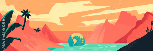 Minimalist vector landscape with ocean lake, red mountains, green plants, and earth globe symbolizing environmental care and nature preservation concept