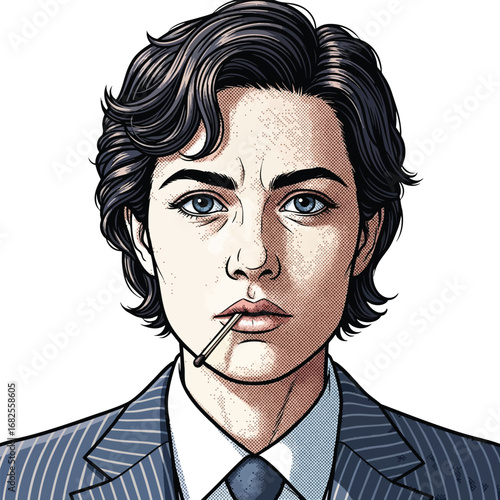 Illustrated portrait of a serious young man in a pinstripe suit with a matchstick in his mouth.