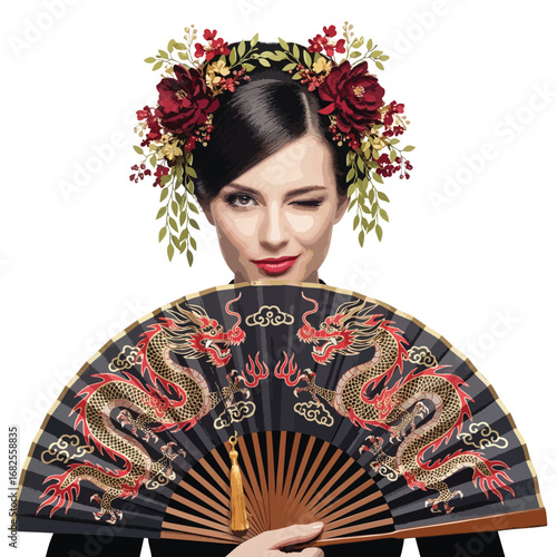 Playful woman with a red floral headdress winking over a traditional Chinese dragon fan.
