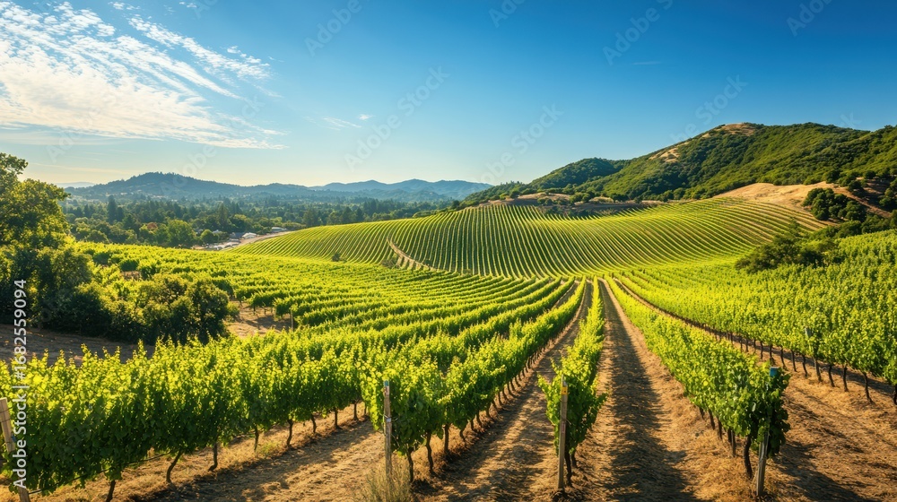 Naklejka premium Sunny hillside vineyard under clear skies