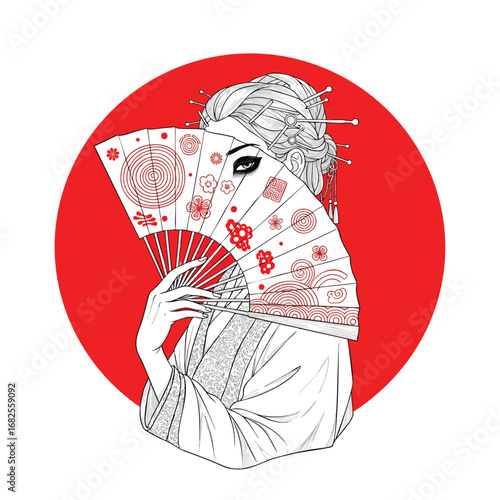 Mysterious geisha in a kimono with an ornate fan revealing one eye in a line art style.