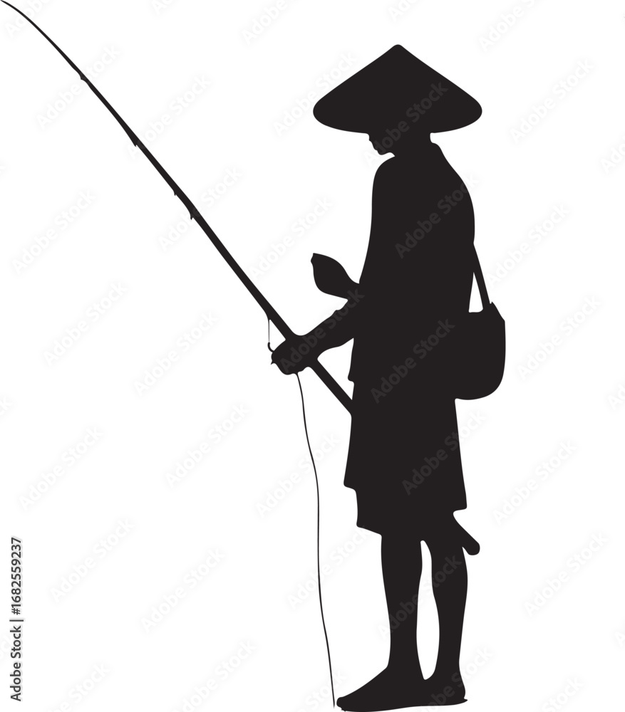 Obraz premium The image shows a black silhouette of a person wearing a conical hat, holding a fishing rod, and carrying a bag, standing against a plain white background.