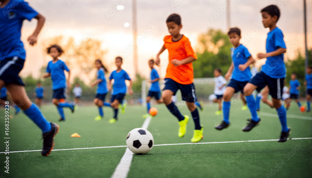 Obraz premium selective focus blur of young boys in blue and orange uniforms chasing soccer ball on field at sunset