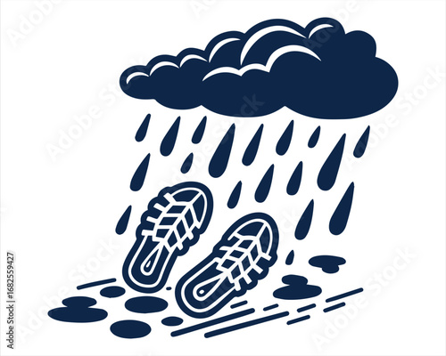 A cartoon illustration depicts footprints in puddles under a rain cloud, conveying a sense of wet weather and outdoor activity