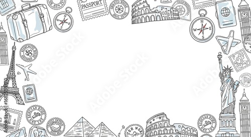 Hand-drawn illustration frame representing a global travel concept with famous world landmarks and vacation icons
