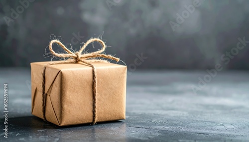 Small gift wrapped in kraft paper with twine tied in a bow, set on a textured gray surface, with a blurred gray background