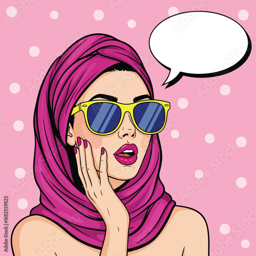 Pop art illustration of a surprised woman wearing a pink hijab and yellow sunglasses hand on her cheek.