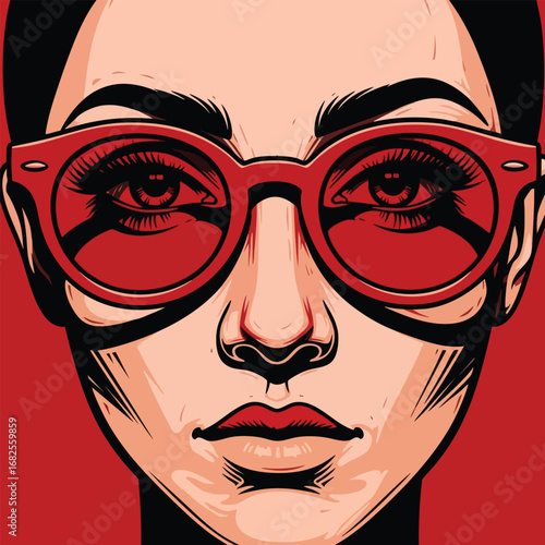 Pop art illustration of a stylish womans face wearing bold red sunglasses.
