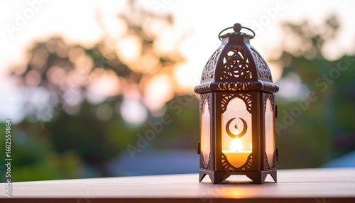 Ornamental lantern glows softly against a bokeh background of trees and sunset, on a wooden surface, evoking a serene atmosphere