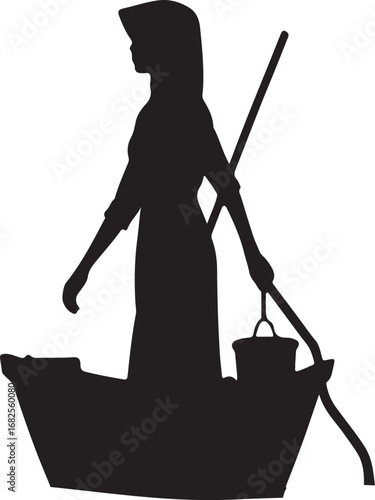 A black silhouette shows a woman in a long dress and bonnet carrying a bucket and a long handled tool while standing in a boat-shaped vessel.