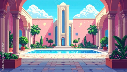 A sunny courtyard with a pool, surrounded by pink arches, columns, plants and a building with tall narrow windows, all under a blue sky