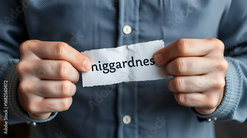 Hands of a man tearing a piece of paper with inscription niggardness