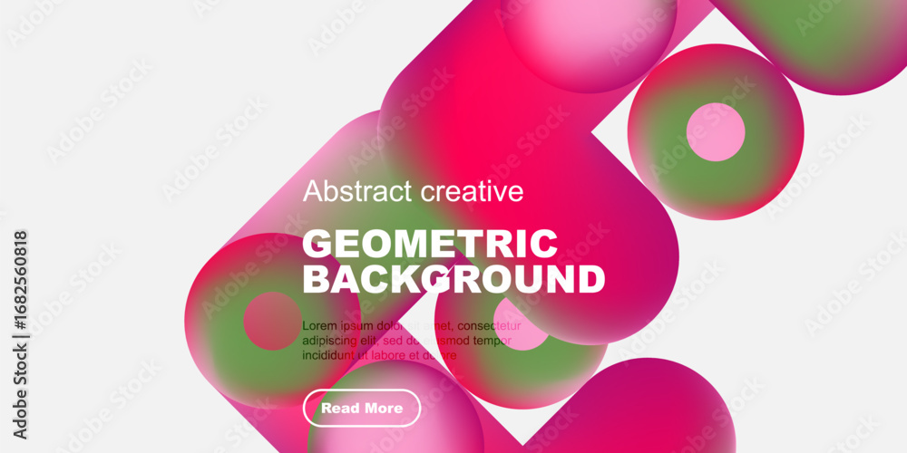 Fototapeta premium Vibrant geometric shapes overlap white space. Pink, green hues dominate design. Text promotes creative background concept. Button invites further exploration.