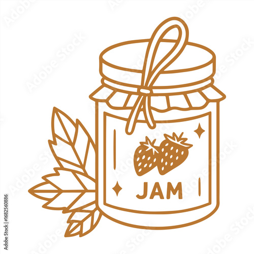 A stylized illustration of a jar of strawberry jam with leaves and a ribbon