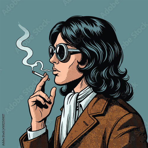 Stylish retro man with long wavy hair and sunglasses smoking a cigarette in a pop art style.