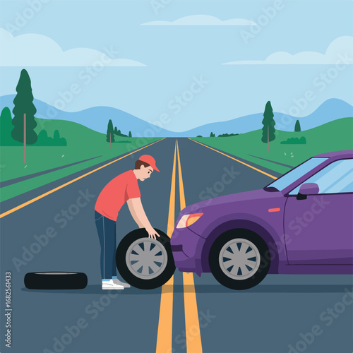 Man changing flat tire on car on the side of the road in countryside