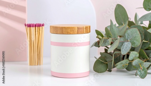 Still life a white jar with a wooden lid and pink stripes, matches, and eucalyptus leaves on a white surface against a pink & white geometric backdrop