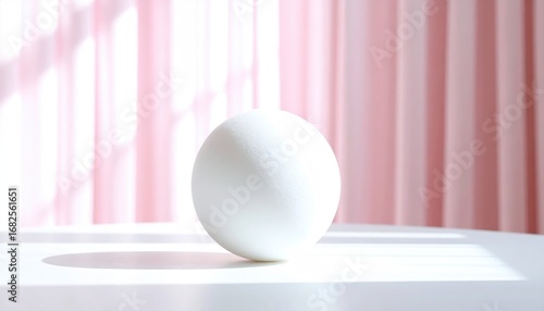 A solitary white sphere sits on a glossy surface, bathed in sunlight filtering through a pink curtain creating soft shadows
