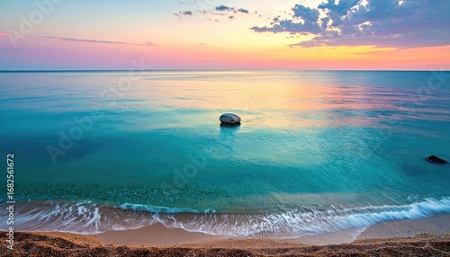 Serene seascape at dawn with calm turquoise water reflecting a pastel sky and a lone boulder in the distance, creating a tranquil coastal scene
