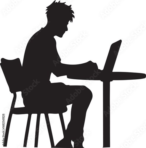 The image shows a black silhouette of a person sitting at a table and using a laptop.  The person is positioned in profile view, appearing focused on their work.
